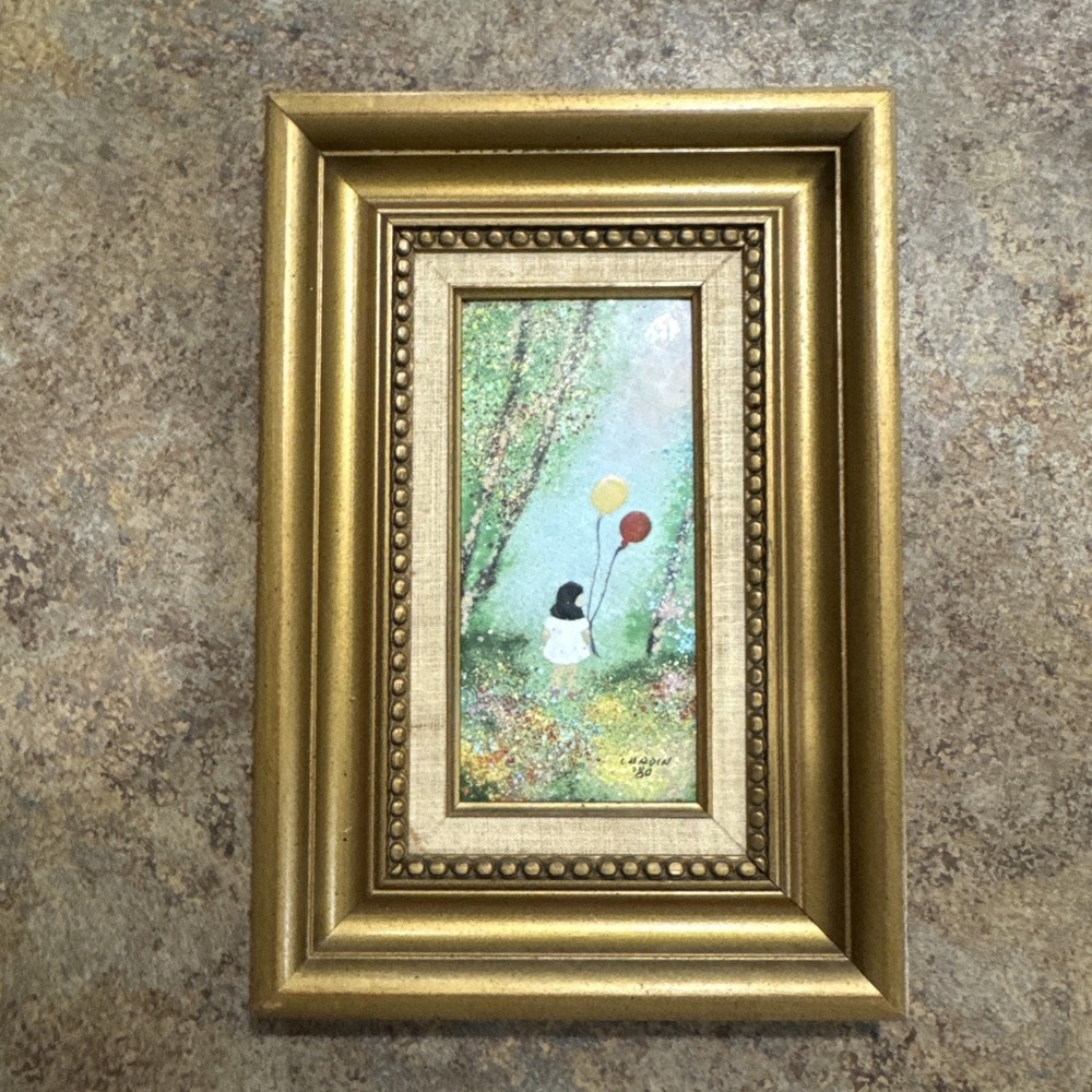Vintage Louis Cardin Painting-Enamel on Copper [Framed/Signed] Child w/ Balloon